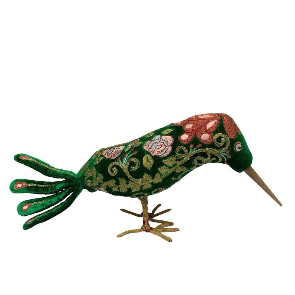 Anke Drechsel Kingfisher Embroidered Velvet Bird Figurine Green Floral Decor